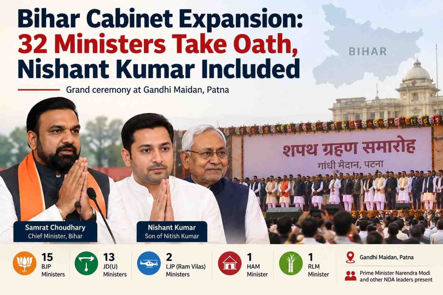 Bihar CM Samrat Choudhary Expands Cabinet; 32 Ministers, Including Nitish Kumar’s Son Nishant, Take Oath